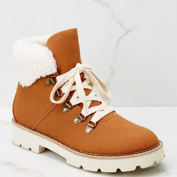 NWT Cognac Brown Lace Up Booties Vegan Sherpa 7 - Picture 2 of 6